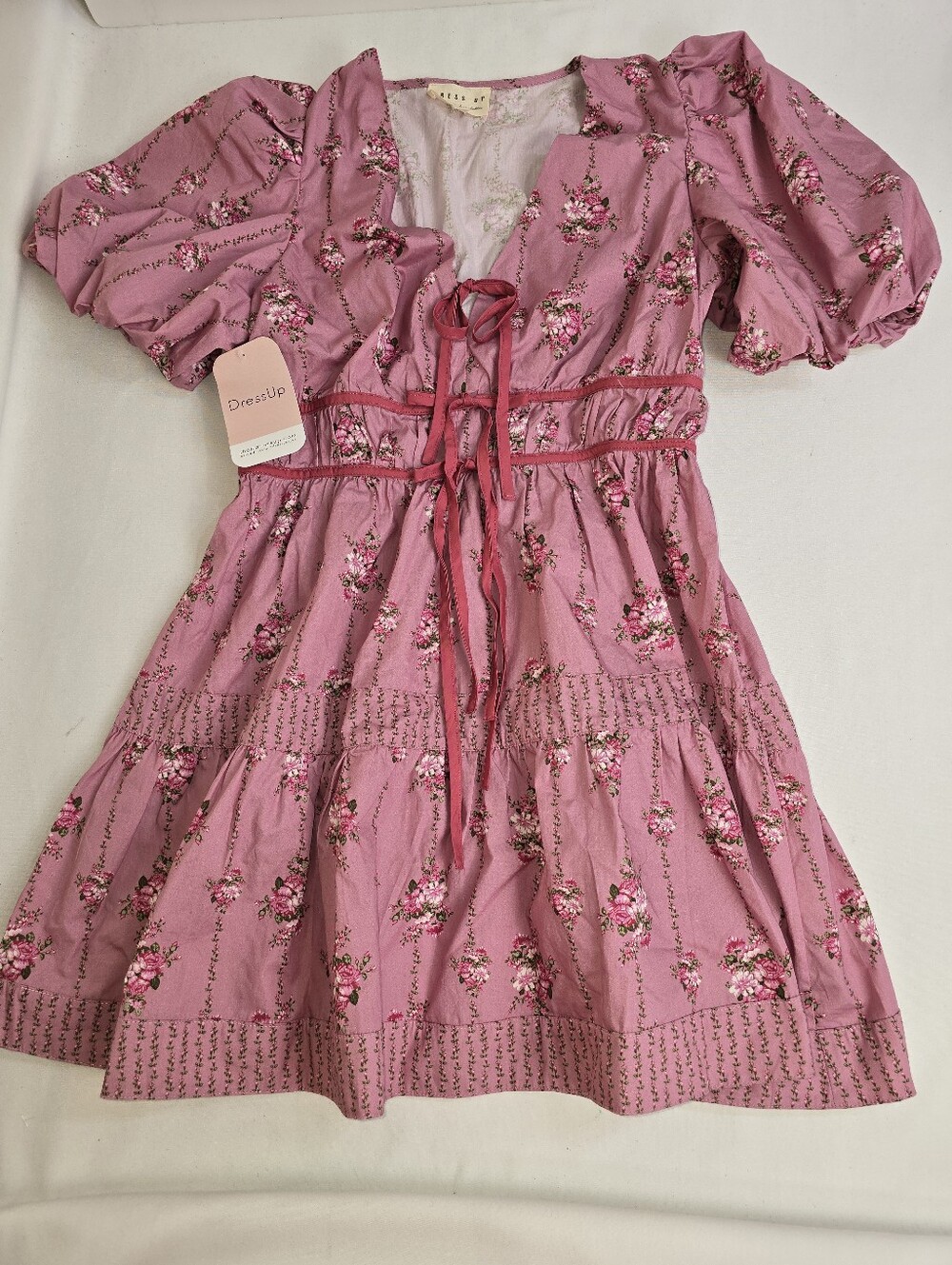New Dress Up Boutique Pink Roses Mini Dress With Bubble Sleeves Size L